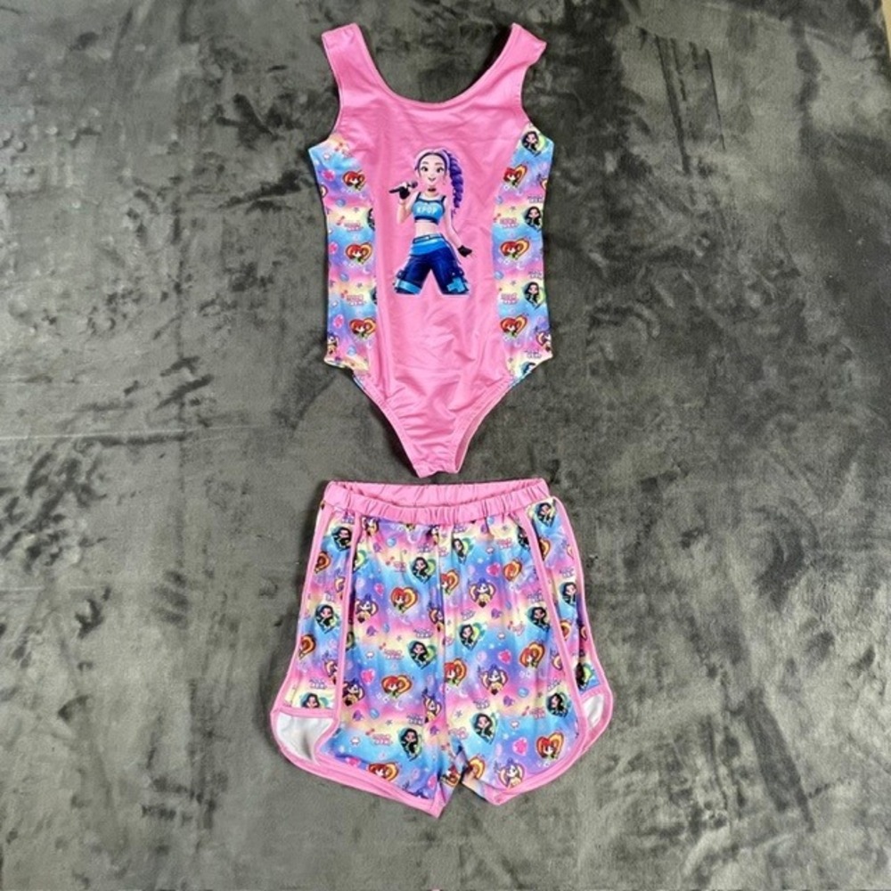 Kids Girls K-Pop Singer 2 Piece Swimsuit Set Pink One Piece Shorts Size 9-10Y